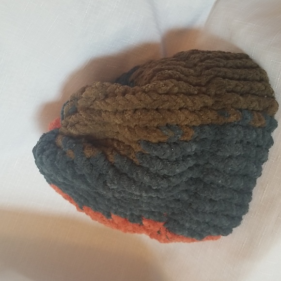 HANDMADE CHENILLE HAT WINTER FALL RICH COLORS BROWN BLUE ORANGE SOFT - Picture 5 of 6
